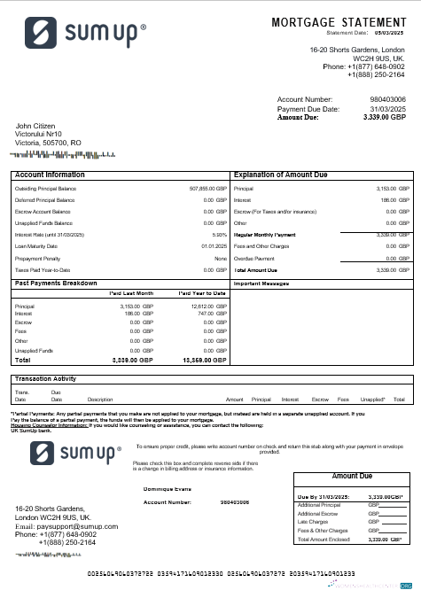 Download UK SumUp mortgage statement in Word and PDF formats Photoshop template